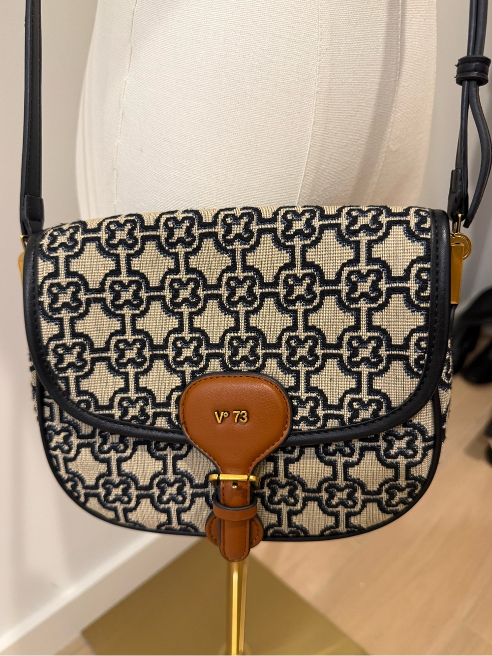 V°73 Navy & Beige Jacquard Crossbody with Brown Leather Trim